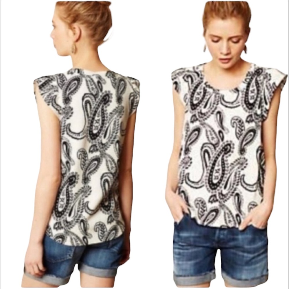 ANTHROPOLOGIE Deletta Paisley Print Top Cap Flutter Sleeve Cream Black Sz S